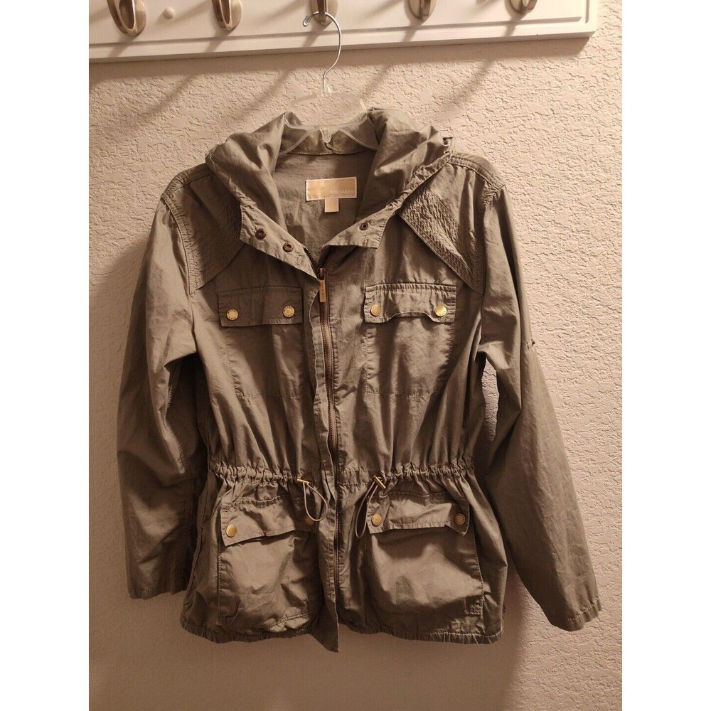 Michael Kors Women's Military Style Hooded Jacket Small Olive Roll Tab Sleeves